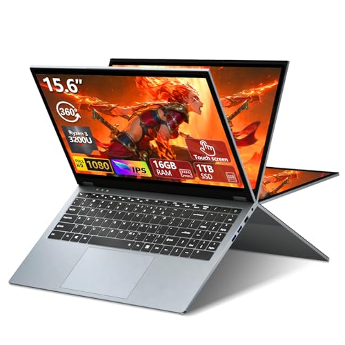 MOGIKK 15,6 Pulgadas 2 en 1 Ordenador Portátil, Ryzen 3 3200U Procesador PC Portátil 16GB RAM 1TB SSD 360° Pantalla Táctil Laptop FHD IPS RJ45 Win 11 Teclado Retroiluminado HDMI Computadora portátil