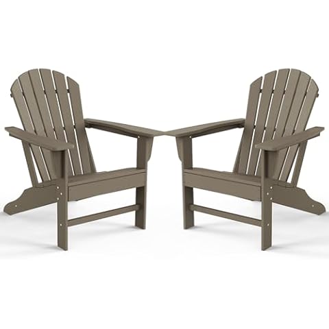 Farmhouse Adirondack Chair Set of 2, Poly Lumber Patio Chairs, Pre-Assembled Weather Resistant Outdoor Chairs for Pool, Deck, Backyard, Garden, Fire Pit Seating, Weather Wood Cover