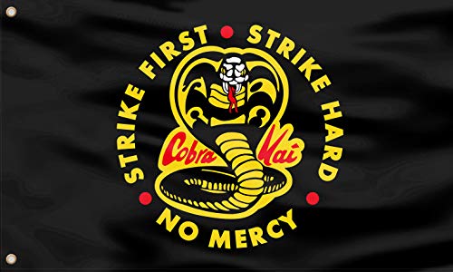 QOR Balance Strike First Strike Hard No Mercy Flag Outdoor Decorations - Cobra Kai Banner Sign with Brass Grommets for Yard, Advertising, Outdoor & Indoor Hanging Decor - 3x5 Ft