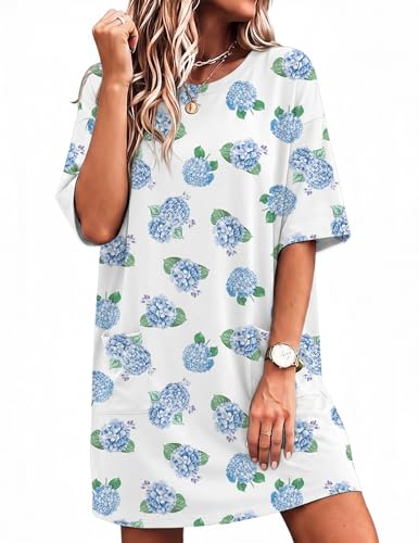 Image of Ekouaer Sleep Shirts for Women Nightgown Short Sleeves T shirt Night Dress Round Neck Womans Nightgown with Pocket S-XXL