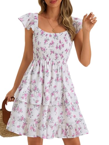 Image of Fessceruna Womens Summer Ruffle Dresses Elastic Empire Waist A-line Layered Swing Flowy Mini Dress