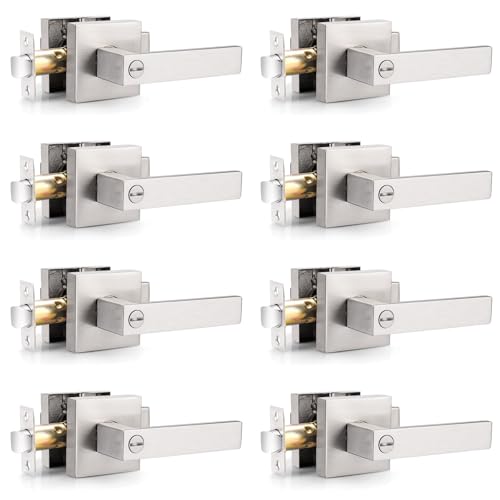 Probrico Interior Brushed Nickel Door Handle Heavy Duty Flat Square Privacy Door Handles Keyless Door Levers Lockset for Bedroom and Bathroom (8 Pack Modern)