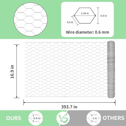 Image of Chicken Wire 16.9 in x 393.7 in Poultry Wire Netting Hexagonal Galvanized Mesh Garden Fence Barrier for Pet Rabbit Chicken Fencing with 100 Pcs Cable Zip Ties