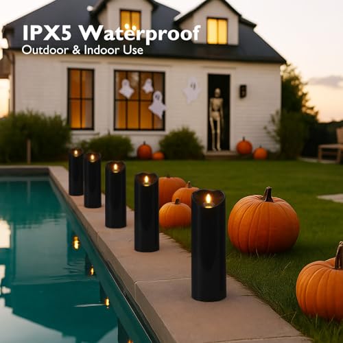 Image of Homemory 4 inchx12 inch Black Flameless Candles, Halloween Candles, Outdoor Waterproof Flameless Candles with Remote and Timers, Gothic, Battery Operated LED Pillar Candles, Won't Melt Plastic, 2Pack