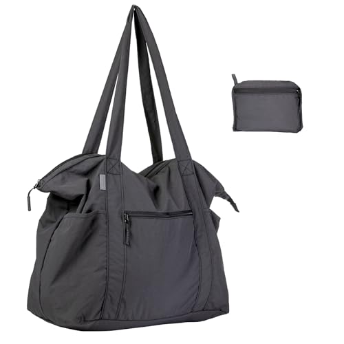 Fynarzel Ultra Light Packable Tote Bag Nylon for Travel, Lightweight Polyester Foldable Totes with Zipper, 25L Collapsible Compact Dark Grey, Gifts for Christmas