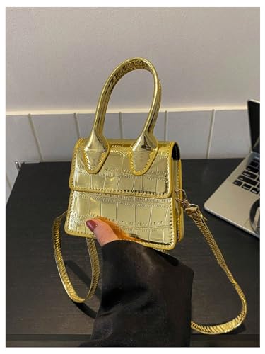 GORGLITTER Women's Crocodile Embossed Mini Square Bag Metallic Top Handle Crossbody Handbag Flap Clutch Bags2