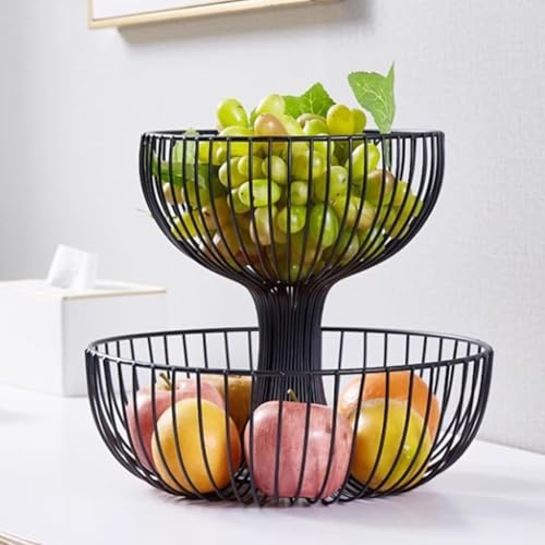 Cesta de frutas de metal de 2 niveles para organización de encimera de cocina y estante de almacenamiento de aperitivos de pan de verduras