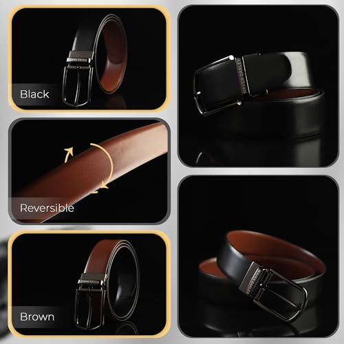 Image of Belts for Men Leather Original, Reversible Black & Brown Formal & Casual Italian Leather Belt with Solid Metal Curved Buckle