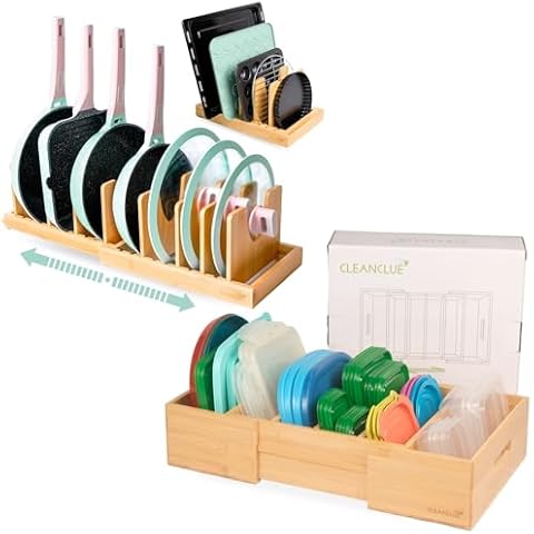 CLEANCLUE Bamboo Lid and Pot Organizers Bundle: Natural Bamboo - Expandable Kitchen Cabinet Storage for Food Container Lids and Pans - Adjustable Dividers Cover