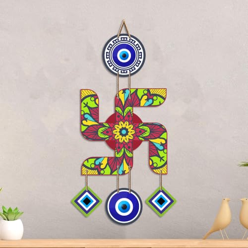 Image of Artvibes Decorative Swastik Wall Hanging with Evil Eye & Mandala Design | Auspicious Hindu Vastu Decor for Positive Energy and Good Fortune | Wooden Hanging Ornament for Entrance Door (WH 85103N)