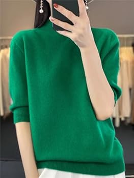 Mode Korte Halve Mouw Kasjmier Vrouwen Gebreide Trui Merino Wol Mock-Neck Tops Trui Kleding Knitwear, Jiemo Geel, L