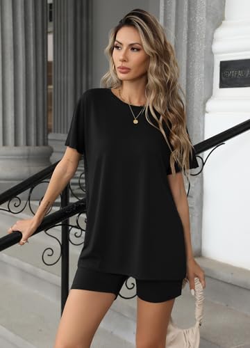 Ekouaer Women's 2 Piece Lounge Set 2025 Summer Biker Shorts Set Outfits Short Sleeve Oversized Top Matching Tracksuit2