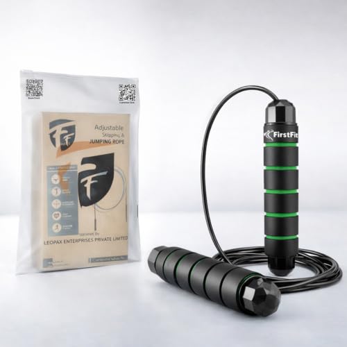 Image of FirstFit Jump Rope Tangle-Free Rapid Speed Jumping Rope Cable with Ball Bearings for Women, Men, and Kids, Adjustable Steel Skipping Rope with Foam Handles for Gym Fitness - Black & Green