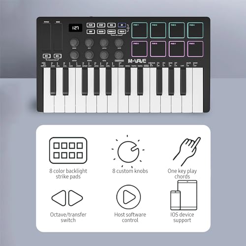 M-VAVE 25 Key USB MIDI Keyboard Controller with 8 Backlit Drum Pads, Piano Keyboard Wireless Semi Weighted Professional Dynamic Keybed, 8 Knobs, Software Included