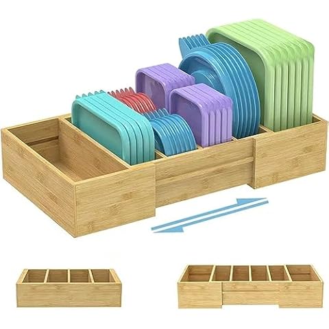 Retro Shaw Expandable Bamboo Food Container Lid Organizer for Cabinet, Adjustable Lid Organizer for Plastic Lids and Covers Storage, Lid Organizer Rack with Adjustable Dividers Cover