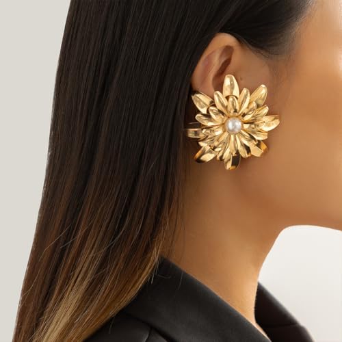 Vintage Gold Big Metal Flower Pearl Stud Earrings for Women Unique, Statement Exaggerated Large Floral Earring Silver Punk Bohemian Party Jewelry Gift3
