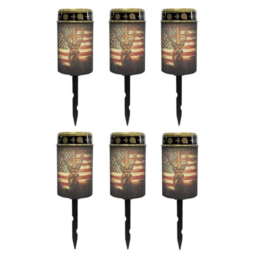 Image of Poceacles Deer American Flag Vintage Pattern Solar Lights Outdoor Solar Powered Outdoor Cemetery Stake Candle Grave Lamp Landscape Lighting Waterproof Grave Flameless Candle, Pack of 6