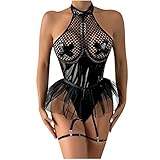 bawilom Women's Exotic Corset Lingerie Sets Sexy Naughty Fishnet Mesh Chemise with Garter Belt Babydoll Bodysuit Nightgown Black