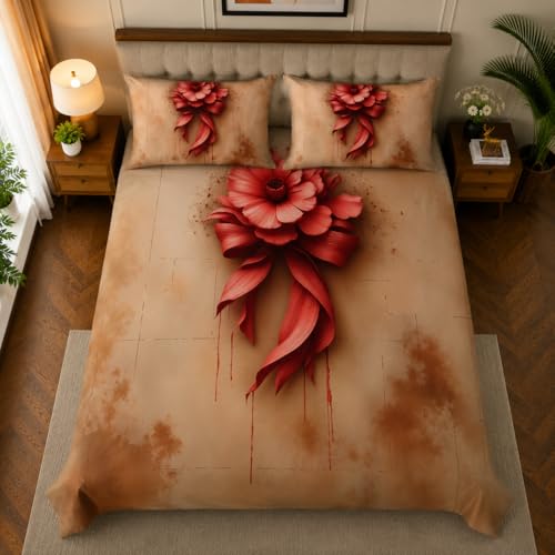 Image of 7D Digital Printed King Size Bedsheet with 2 Pillow Covers | Soft Premium Cotton Feel Microfiber Double Bed Bedsheet | Wrinkle Free & Fade Resistant | (RedBow, KingSize-225x250CM)