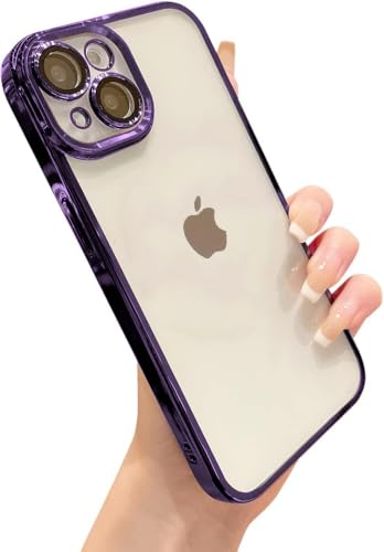 Image of VONZEE TPU Compatible With iPhone 14 Case 6.1 Inch,Luxury Electroplated Soft Edge Bumper Case,Full Camera Protection & Reinforced Corners Shockproof Case Cover|Transparent|Deep Purple