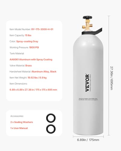Image of VEVOR CO2 Tank, 15 lbs New Aluminum Alloy Cylinder, CO2 Air Tank with Light Spray Coating, CGA320 Valve, Handle & Adjustable Pressure, DOT Approved Cylinder for Draft Beer Dispensing
