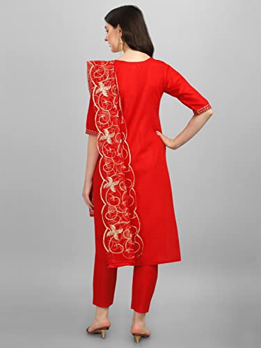 Image of VredeVogel Women Cotton Slub Straight Kurta Set With Pant and Net Embroidery Dupatta