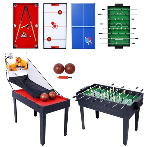 5-in-1 Combo Game Table Set for Home, Game Room, Friends & Family - with Billiards, Push Hockey, Foosball, Ping Pong, and Basketball - Black + Red