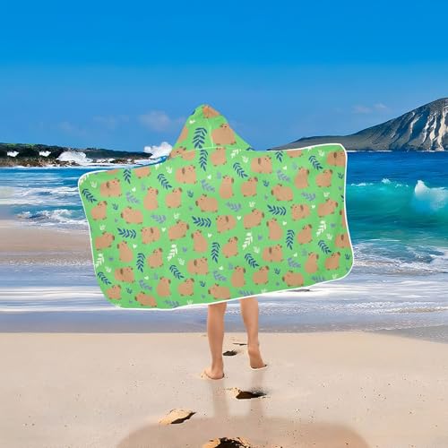 Image of Green Cute Capybara Hooded Beach Towel for Kids, Kids Bath Hooded Towels for Boys Girls, Super Soft Absorbent Bathrobe with Hood for Swin Pool 50 inchx23.5 inch