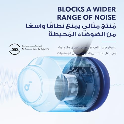 سماعات ساوند كور من انكر سبيس Q45 بخاصية الغاء الضوضاء النشطة، تقلل الضوضاء بنسبة تصل الى 98%، وقت تشغيل 50 ساعة، تحكم بالتطبيق، صوت لاسلكي LDAC عالي الدقة، ملاءمة مريحة، مكالمات واضحة، بلوتوث 5.3