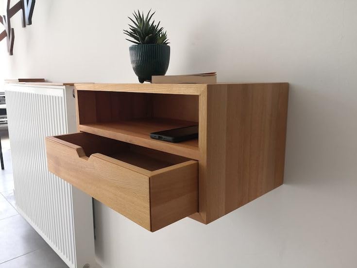 Modern Wooden Floating Bedside Shelf with Drawer | Wall Mounted Nightstand Organizer for Bedroom | Space Saving Bedside Table (Brown Finish)-image-40