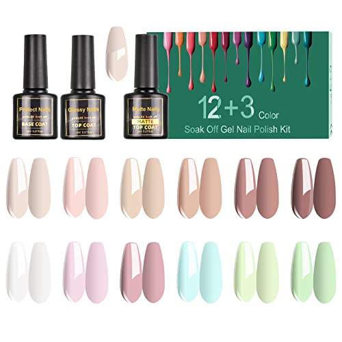 SINZONeu Vernis Semi Permanent -15 Vernis Manucure Nail Art Lot Vernis à Ongles Vernis Gel UV LED Nail Polish 12 Couleurs Populaire Avec Base et Top Coat, Matt Top Coat, 8ml