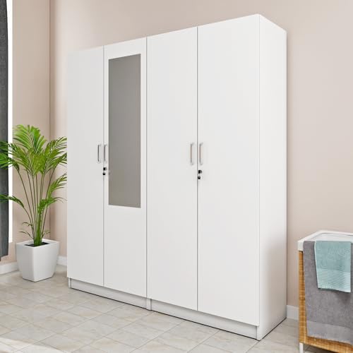 Image of VIKI Wardrobe | Wooden Almirah for 4 Door with Shelves & 2 Hanging Space Mirror Wardrobe (Frosty White - 40D x 160W x 180.8H) | 1 Year Warranty | Free Assembly