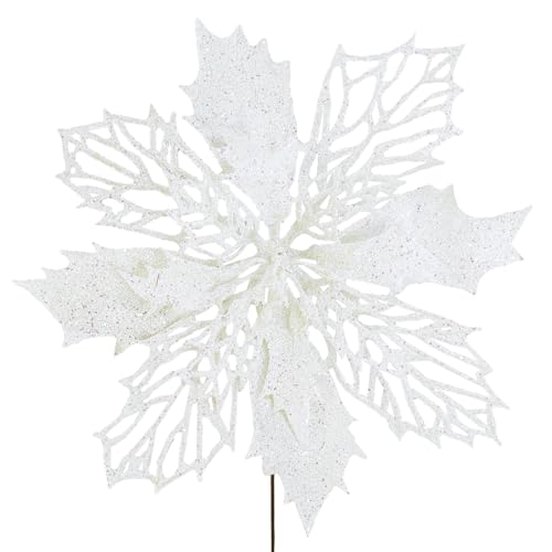 Winlyn 24 Pcs Christmas Glittered Poinsettia Picks White Glitter Mesh Holly Leaf Artificial Poinsettia Flowers Christmas Tree Ornaments 5.9
