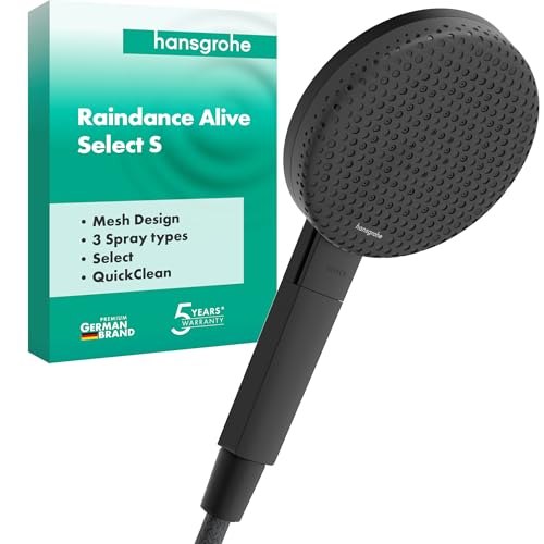 hansgrohe Raindance Alive Select S - ducha de mano, alcachofa de ducha con 3 tipos de chorro (PowderRain), cabezal de ducha redondo (125 mm), con sistema antical, negro mate, 24500670