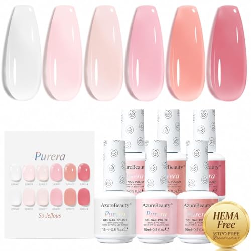 Image of AZUREBEAUTY 6 Colors 15ml HEMA Free Jelly Purera Gel Nail Polish Set, Same Color Bottles, Soak Off UV LED Gel Polish Kit Nail Art for DIY at Home Manicure Salon Gifts, Milky White Pink Neutral Sheer
