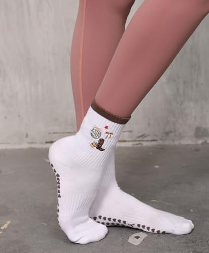 Women's Cute Grip Pilates Socks Non-Slip Crew Yoga Barre Socks with Colored cuff & Embroidery3