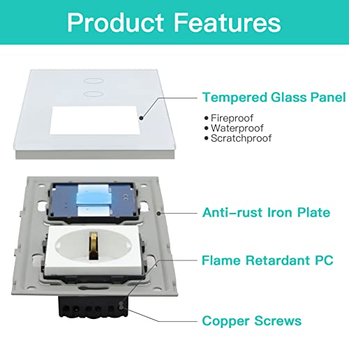 BSEED Dimmer Schalter mit Steckdose mit LED Anzeige 2 Fach 1 Weg Ber&uuml;hren Sie Das Sensorfeld Touchscreen Wandsteckdosen Led Dimmer Touch Lichtschalter Wei&szlig;