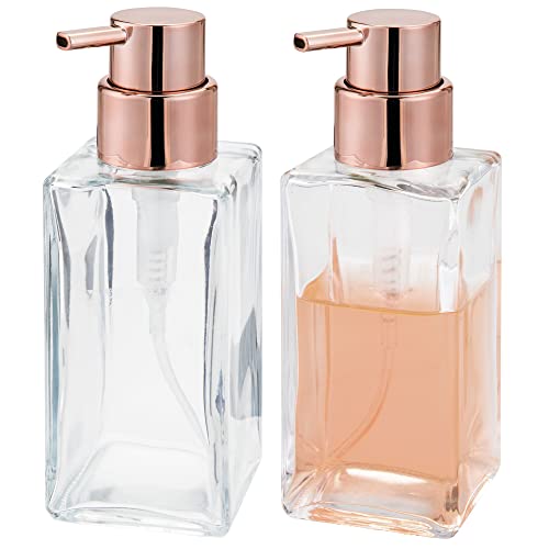 mDesign Square Glass Refillable Liquid Soap Dispenser Pump Bottle for Bathroom Vanity Countertop, Kitchen Sink - Holds Hand Soap, Dish Soap, Hand Sanitizer, Essential Oils - 2 Pack - Clear/Rose Gold