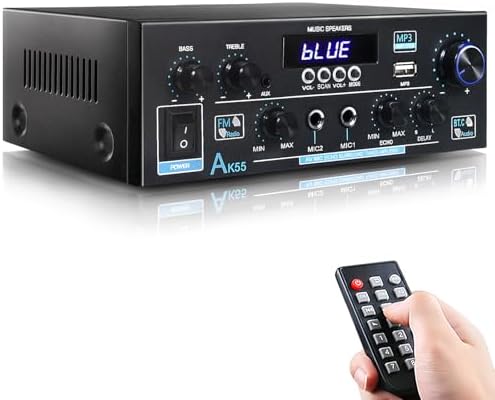 WOOPKER AK55 Stereo Amplifier Home Audio with Bluetooth 5.0 Rated Power 70W X2 Mini AMP 2.0 Channel Stereo Receivers for Home Theater Audio System, Studio, Karaoke, W/Bass/Treble/AUX/FM/MIC/USB