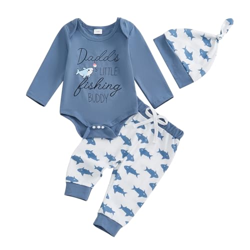 Newborn Baby Boy Fishing Outfit I’m the Cutest Catch Long Sleeve Romper Joggers Pants Hat 3pcs Infant Clothes Set