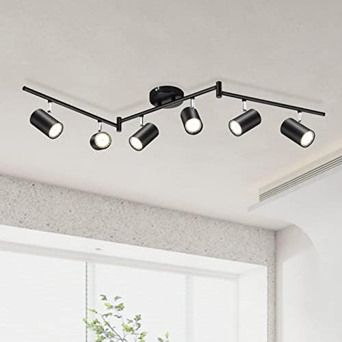 Kimjo 6 Light Black Track Lighting Kit, LED Track Lighting Fixtures Ceiling, 6-Way Ceiling Spot Lighting with Adjustable Light Heads & GU10 Socket for Kitchen, Dining Room, Bar, Living Room