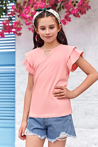 Girls Shirts Summer Cute Classic Fit Ruffle Sleeve Plain Cotton Crew Neck T-Shirt Tee Tops Blouse Pink #TOP1