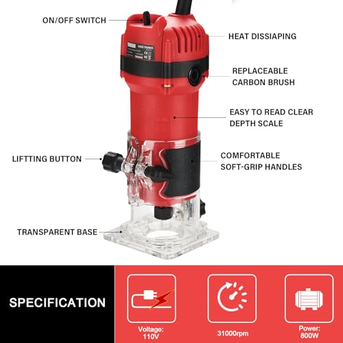 TEENO Compact Wood Router Tool, Electric Hand Wood Trimmer 800W 31000 RPM Hand Trim Router with 15 Pcs 1/4" Bits Set, Edge Guide, Roller Guide with Carrying Case 2 TEENO Compact Wood Router Tool, Electric Hand Wood Trimmer 800W 31000 RPM Hand Trim Router with 15 Pcs 1/4" Bits Set, Edge Guide, Roller Guide with Carrying Case - Image 2