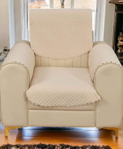 CASA-NEST 1 Seater Self Design Quilted Sofa Chair Cover with Arm Cover, Set of 4 Pieces. (1 Seater + Arm Cover, Beige)