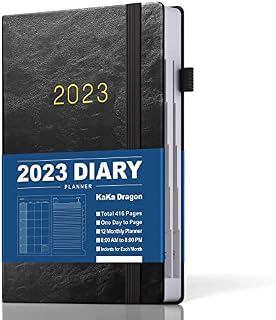 KaKa Dragon 2023 Diary Day to Page, Academic Diary A5 Planner (416 Pages), Indents for Each Month, Inner Pocket, Hardback Cover Faux Leather Black