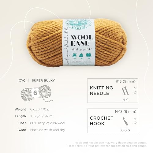 Image of Lion Brand Yarn Wool-Ease Thick & Quick Yarn, Soft and Bulky Yarn for Knitting, Crocheting, and Crafting, 3 Pack, Mustard | Super Bulky Wool Acrylic Blend Fiber for Soft Hats, Sweaters, Chunky Blankets, Yarn for Crochet, Knitting, Crafts, Weaving