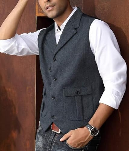 Yarizm Mens Western Herringbone Suit Vest Tweed Wool Blend Slim Fit Waistcoat with 2 Pockets3