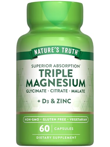 Nature's Truth Triple Magnesium Complex Supplement | 60 Capsules | Glycinate, Citrate & Malate | with D3 & Zinc | Vegetarian, Non-GMO, & Gluten Free