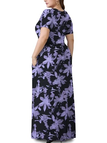 Image of PEVRL Plus Size Summer Maxi Dress for Curvy Women with Pockets 1X-5X | Short Sleeve, Twisted Front V-Neck, Summer Casual A Line Flowy Dress, Empire Waist Floral Print Beach Vacation Long Dress