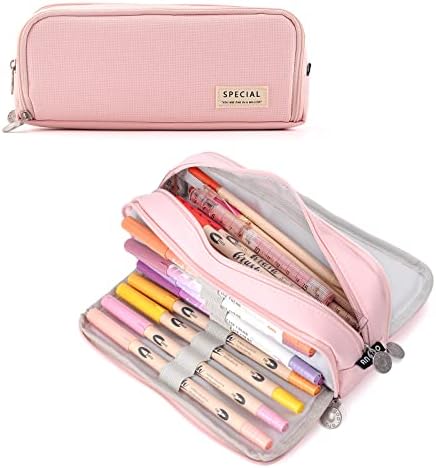 TOYESS Large Capacity Pencil Case for Girls and Boys, Pencil Case with 3 Compartments for Women, Aesthetic Pencil Bag for Kids and Students, Pink